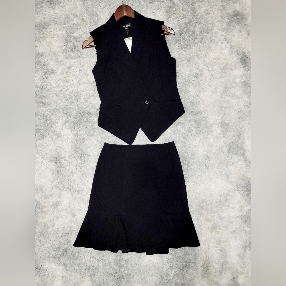 Bebe 2-Pc Black Glacier Asymmetrical Vest & Flounce Skirt Set, Size 2